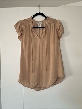 Rachel Zoe Beige Tie-Neck Flutter Sleeve Blouse